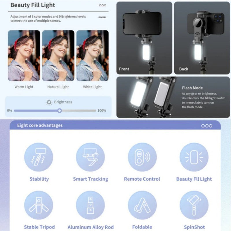 360° Roterende 3-akset sammenleggbart gimbal-stabilisator for smarttelefoner